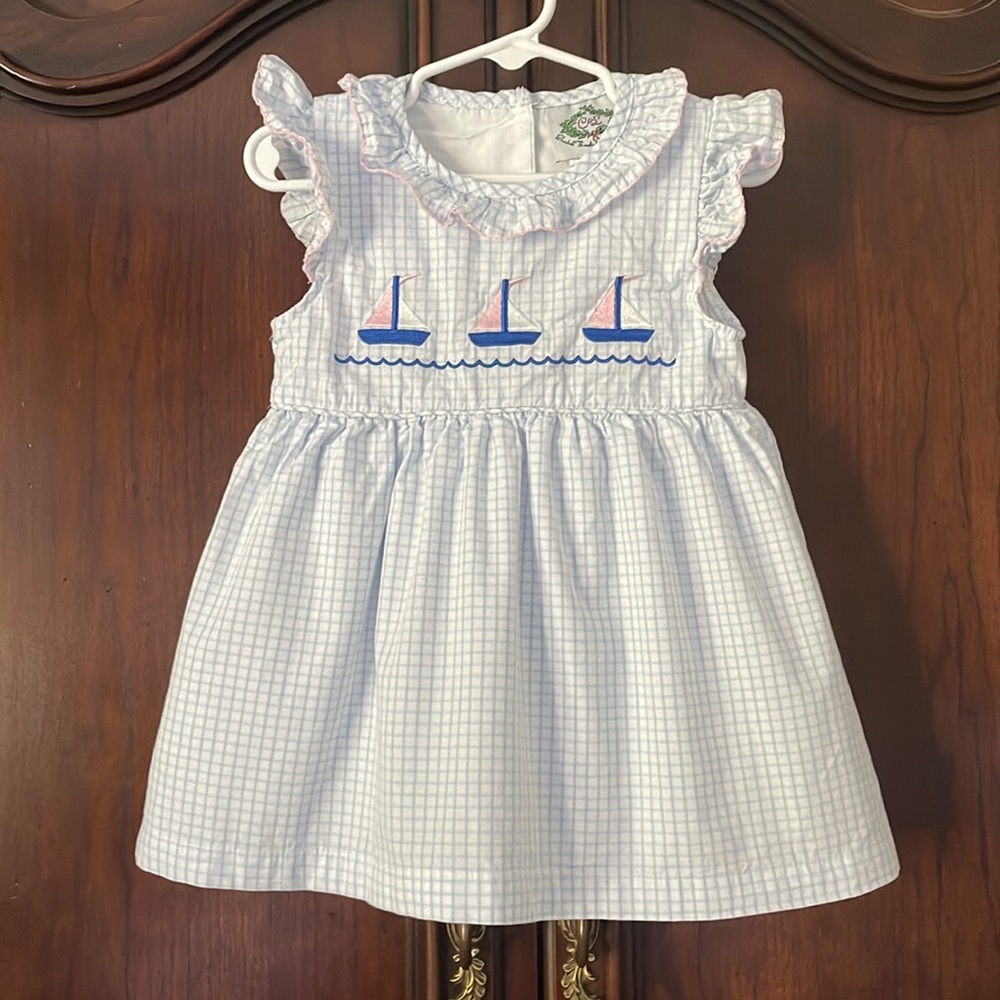 Blue and White Kids Dress with Sailboat Design
